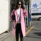 2015韩版过膝长款毛呢外套风衣女西装领宽松直筒粉色羊毛呢子大衣