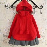 2015童装女童秋款新款韩版流苏连帽针织羊毛斗篷毛衣披肩针织衫