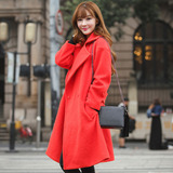 韩版2016春款中长款大红色廓形加厚毛呢外套女韩版羊毛呢子大衣潮