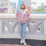 2016韩版时尚灯芯绒夹克羊羔毛棉服女短款加厚翻领复古粉色外套