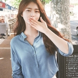 兔耳朵韩国官网代购cherrykoko正品甜美气质纯色半开领单排扣衬衫