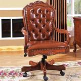 美式书桌椅真皮升旋转椅电脑椅家用休闲椅子欧式椅实木书椅老板椅
