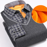 男士保暖衬衫假两件加绒加厚毛衣针织衫套头冬季中年长袖格子衬衣