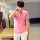 夏季男士短袖T恤新款韩版潮纯色V领修身T恤青少年半袖粉色打底衫