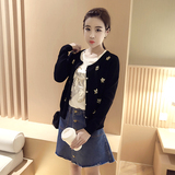 香港代购 2016春装韩版手工钉珠单排扣圆领长袖短款针织开衫女