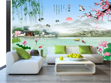 中式无缝壁画江南山水风景荷花定做电视背景墙纸卧室客厅壁纸墙布