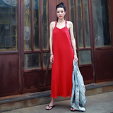 JUJU原创自制欧美宽松夏季复古气质露背款细褶红色吊带三宅连衣裙