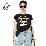 Haoduoyi2016夏装新款 欧美时尚休闲字母印花 撞色拼接宽松女T恤