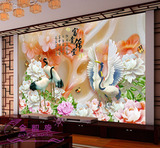 大型壁画3d立体仙鹤玉雕浮雕壁纸中式富贵卧室客厅电视背景墙纸