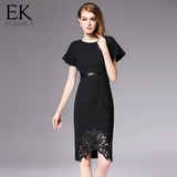 EK2016连衣裙秋季新品高端小黑裙刺绣短袖修身包臀裙蝙蝠袖连衣裙