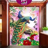 中式玄关壁画牡丹孔雀花开富贵走廊过道背景墙纸无缝整张壁纸