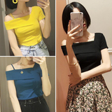 韩版2016夏季女装新款修身显瘦一字领露肩上衣纯色性感棉短袖T恤