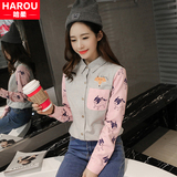 青少年2016春秋装新款韩版少女长袖拼接卡通衬衫初中学生休闲衬衣