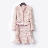 ML2 粉色小香风 彩条圆领9分袖短外套 鱼尾连衣裙 名媛粗花呢套装