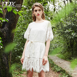2016新款连衣裙白色蕾丝镂空性感 圆领流苏短袖荷叶边裙子 收腰潮