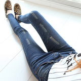 韩版女式牛仔裤学生小脚裤长裤子修身显瘦中腰高弹力深蓝色铅笔裤
