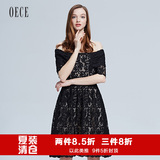 Oece2016夏装新款女装 气质一字领蕾丝连衣裙夏女高腰修身露肩