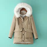 唯衣2015冬韩版修身显瘦连帽毛领中长款加厚保暖棉衣外套女加大码