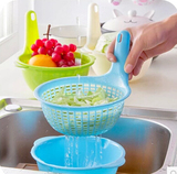 直柄圆形塑料沥水篮2件套 洗菜篮 厨房水果篮 双层洗菜盆