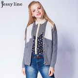 jessy line2015秋装新款 杰茜莱韩版百搭拼接色针织开衫430604623