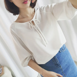 夏装新款 韩国代购学院风甜美系带套头纯色宽松五分袖雪纺衫衬衫