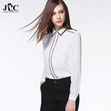 JC2016秋季新款黑白撞色修身雪纺白衬衫女装长袖时尚清新透气衬衣