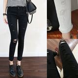 韩国代购2016春季新款欧美街拍弹力女膝盖破洞修身显瘦黑色牛仔裤