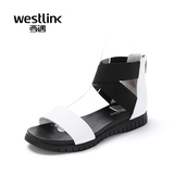 Westlink/西遇2016夏季新款 露趾一字凉鞋交叉橡筋后包跟平底女鞋