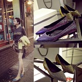 2016夏季欧美真皮浅口紫色单鞋平跟明星同款尖头金色平底单鞋女鞋