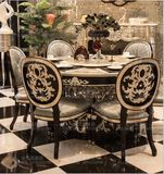 欧式新古典餐桌椅组合田园实木雕花黑色描银圆桌客厅家具6人饭桌