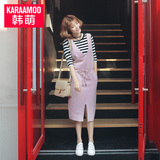 Karaamoo/韩萌春装韩版条纹七分袖T恤背带裙两件套女连衣裙套装