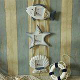 地中海风格 木质蓝色鱼海星贝壳可悬挂三联串相框壁挂橱窗装饰