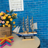 地中海风格 蓝白帆船模型摆件 实木手工一帆风顺 家居摆件装饰