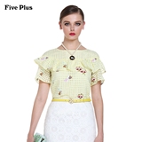 Five Plus新女装格子刺绣图案荷叶边圆领短袖衬衫2151015350