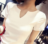 蘑菇街女装2016夏装新款女装韩版修身显瘦小V领纯色短袖T恤女体恤