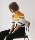 2016春夏日本代购 DHOLIC女半高领条纹中袖针织T恤修身五分袖上衣