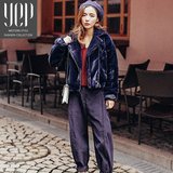 YEP2016冬装新品韩版修身个性机车夹克毛绒绒加厚短外套上衣潮女