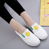 夏季韩版白色低帮平跟学生涂鸦笑脸帆布鞋一脚蹬懒人休闲平底女鞋