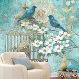 手绘花鸟笼大型壁画 美式客厅电视背景墙纸壁纸 温馨卧室无缝墙布