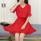 2016夏季新款女装大红色棉麻连衣裙短袖收腰显瘦荷叶边中长款裙