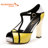 红蜻蜓真皮女凉鞋 夏季新款时尚性感拼色高粗跟鱼嘴鞋子 4095