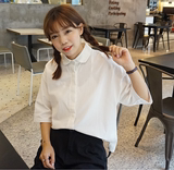 韩国uzzlang学院风可爱娃娃领宽松棉麻休闲短袖女衬衫 三色