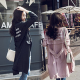 韩国东大门2016秋装新款中长款字母风衣女收腰显瘦印花双排扣外套