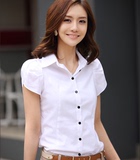 2016韩版纯白色女衬衫短袖夏装半袖工装大码职业女装弹力雪纺修身
