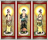 华藏寺开光西方三圣佛像塑料卷轴挂画/绢丝布画像一套3幅