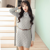 M283#2016冬季新款韩版女装毛衣中长款针织背带裙两件套连衣裙