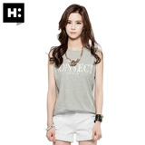 H:CONNECT韩版 夏季女装长款蕾丝拼接字母无袖T恤开叉背心上衣