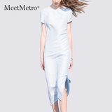 MeetMetro2016夏季新款职业气质修身短袖开叉连衣裙中长款一步裙