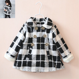 2015冬季新款　外贸童装韩版宝宝毛呢双排扣格子大衣女童加绒外套