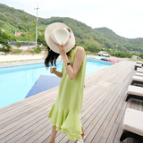 韩国可爱亮黄色减龄层次荷叶下摆无袖连衣裙